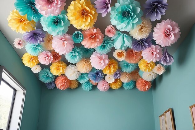 Foto flores de papel de cores pastel penduradas no teto