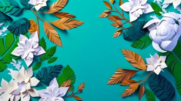 Flores de papel em fundo azul com folhas verdes Generative AI