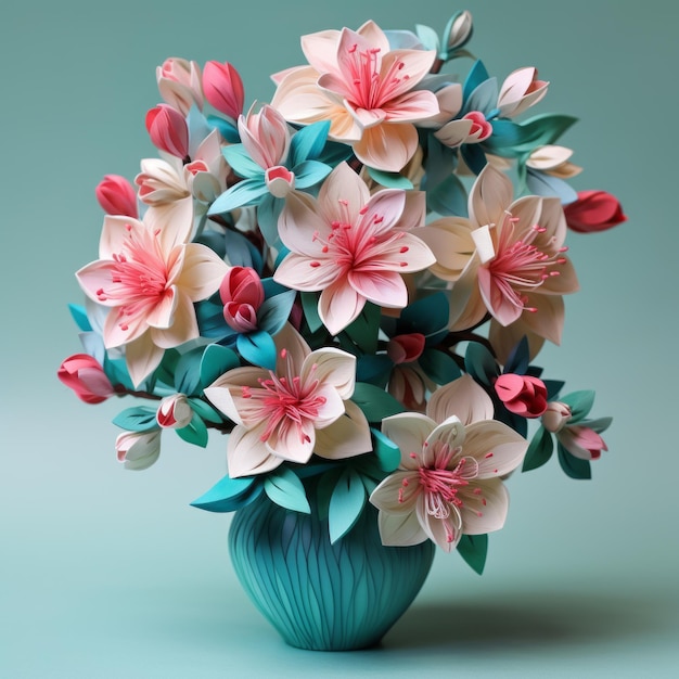 Foto flores de papel intrincadamente detalhadas em vaso azul-azul e rosa