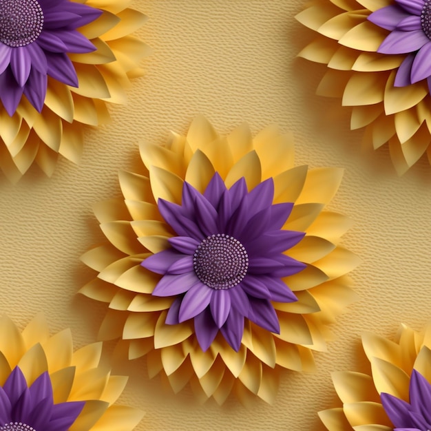 Flores de papel roxo e amarelo em um fundo bege