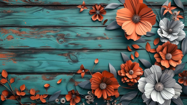 Foto flores de papel vibrantes em fundo de madeira rústico obras de arte digitais para design gráfico perfeitas para papéis de parede e fundos ai