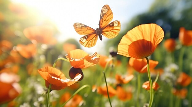 flores de papoula com gotas de água de orvalho matinal em abelhas e borboletas selvagens