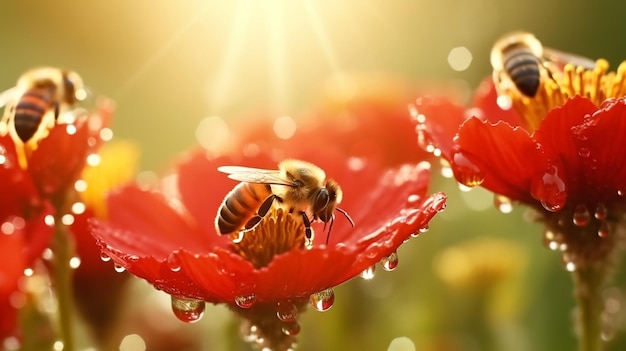 flores de papoula com gotas de água de orvalho matinal em abelhas e borboletas selvagens