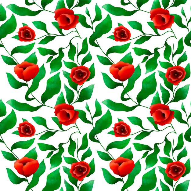 Flores de papoula e folhas verdes padrão sem costura papel de parede colorido clipart desenhado à mão