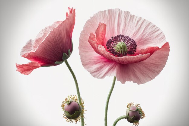 Flores de papoula rosa e carmesim em um tiro de estúdio isolado em um fundo branco um amplo campo de visão Macro um símbolo de imaginação esquecimento e sono