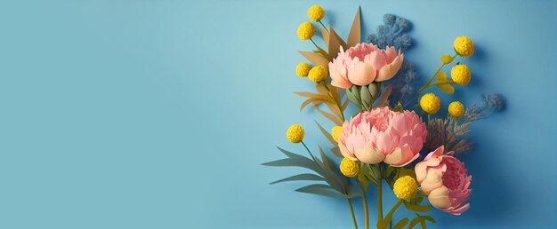 Flores de peônia da primavera em fundo pastel azul vista superior em estilo plano leigo Saudação para o Dia das Mulheres ou das Mães ou Banner de Venda de Primavera Generativo Ai