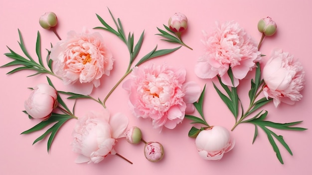 Flores de peônia da primavera em fundo rosa pastel