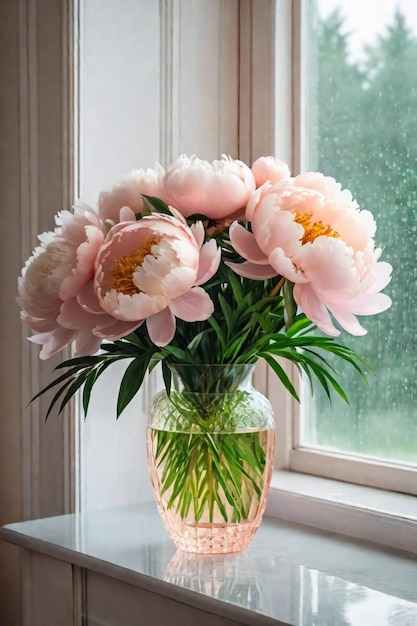 Foto flores de peônia de cor de pêssego em vaso transparente ao lado da janela chuva do lado de fora vista estética