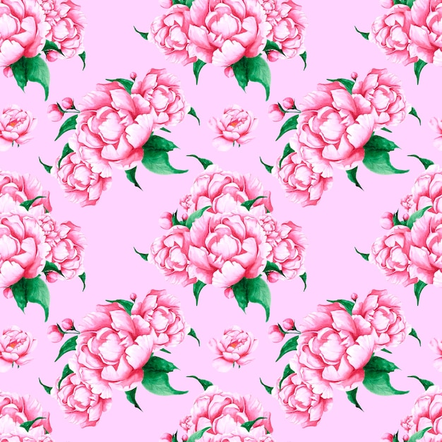 Flores de peônia desenhadas à mão sem costura Peônia rosa aquarela em fundo rosa Têxtil de scrapbook