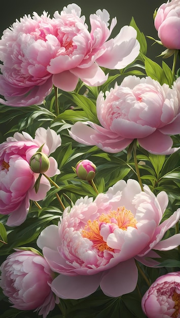 Flores de peônia exuberantes em plena floração Pétalas suaves e delicadas em tons de rosa