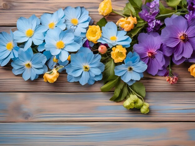 Flores de peônia rosa em fundo de madeira azul vintage Espaço de cópia