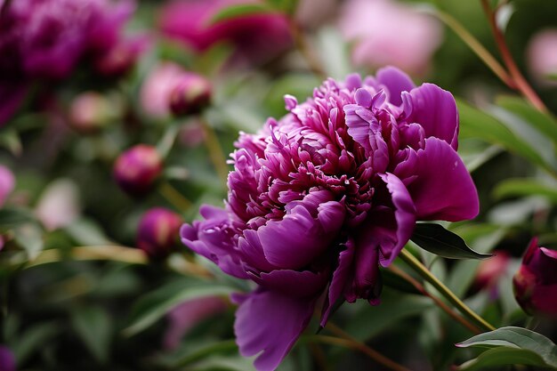 Flores de peônia roxas no jardim Foco seletivo