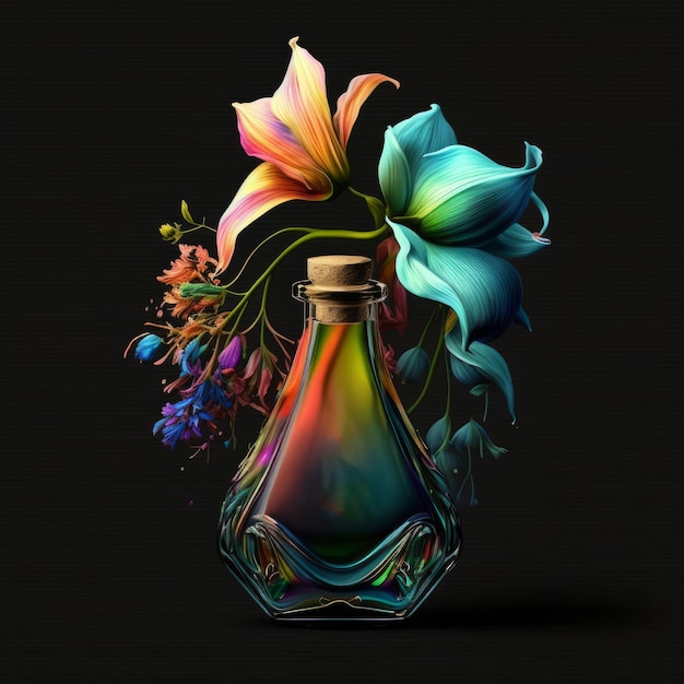 Flores de perfume com flores coloridas de arco-íris em IA generativa de fundo preto