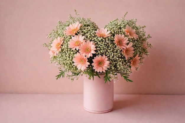 Flores de pêssego e cor branca coletadas em belos buquês em vaso