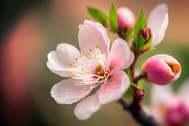 Flores de pêssego rosa florescendo em pessegueiro em plano de fundo gerado por IA