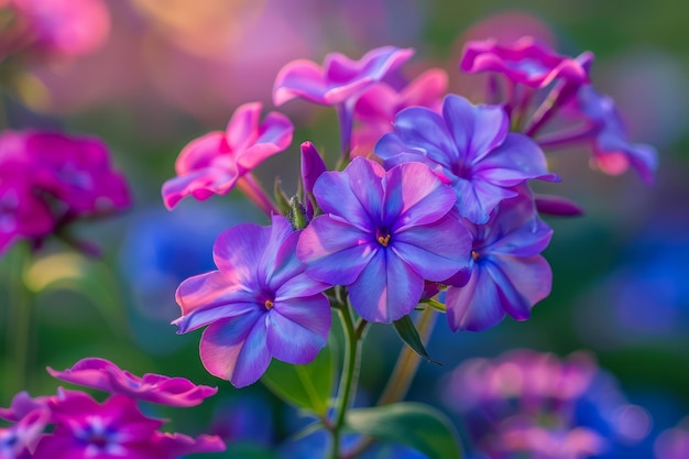 Flores de Phlox cor-de-rosa e roxa vibrantes florescendo na suave luz da noite com um jardim exuberante de fundo