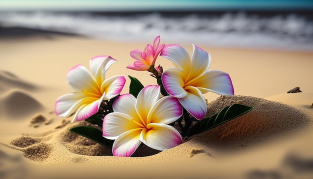 Foto flores de plumeria na praia na areia foco seletivo generative ai