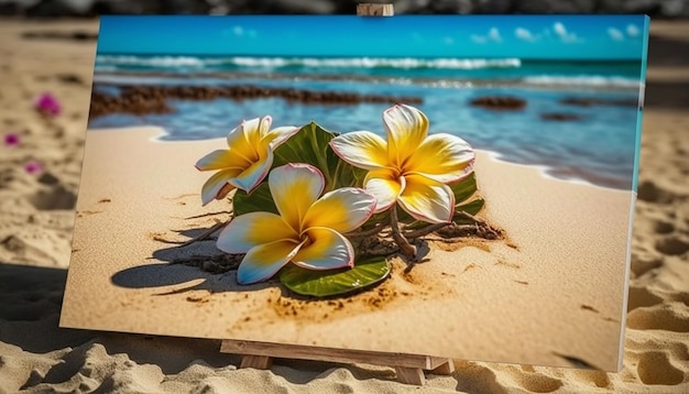 Flores de Plumeria na praia na areia foco seletivo Generative AI