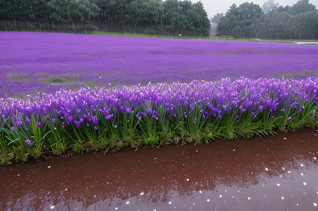 Flores de primavera de açafrões azuis em gotas de água no fundo de trilhas de gotas de chuva