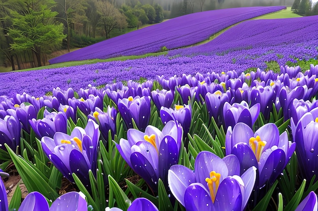 Flores de primavera de açafrões azuis em gotas de água no fundo de trilhas de gotas de chuva