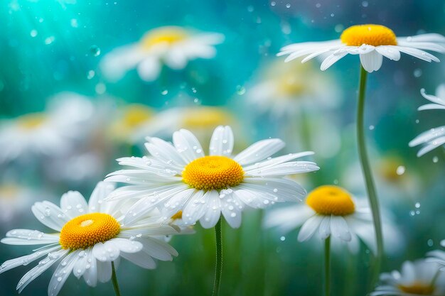 Flores de primavera de camomila branca macro com gotas de água nas pétalas