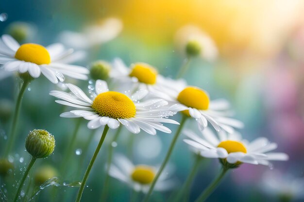 Flores de primavera de camomila branca macro com gotas de água nas pétalas