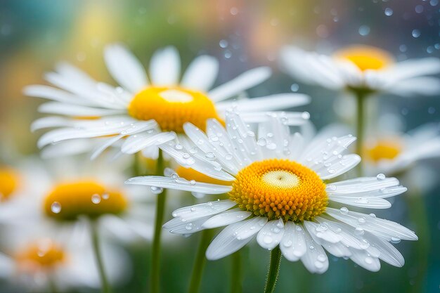 Flores de primavera de camomila branca macro com gotas de água nas pétalas