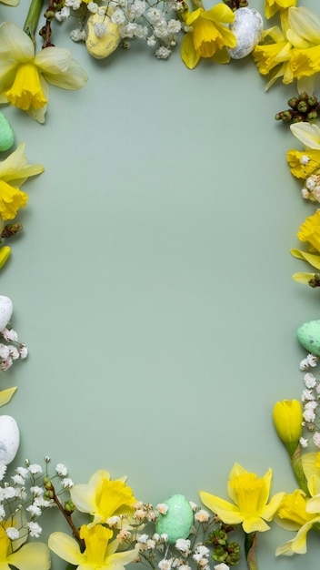 Flores de primavera e ovos de Páscoa bordados em fundo verde com espaço de cópia cartão de saudação de Páscua