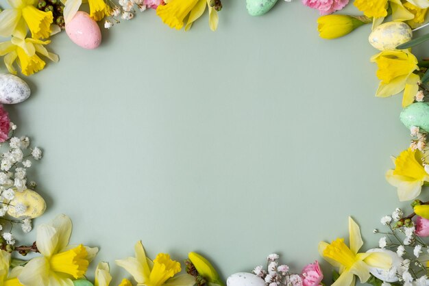 Flores de primavera e ovos de Páscoa bordados em fundo verde com espaço de cópia cartão de saudação de Páscua