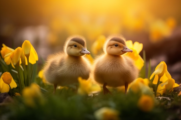 Flores de primavera em fundo Feliz pato de Páscoa