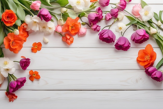 Flores de primavera em mesa de madeira branca