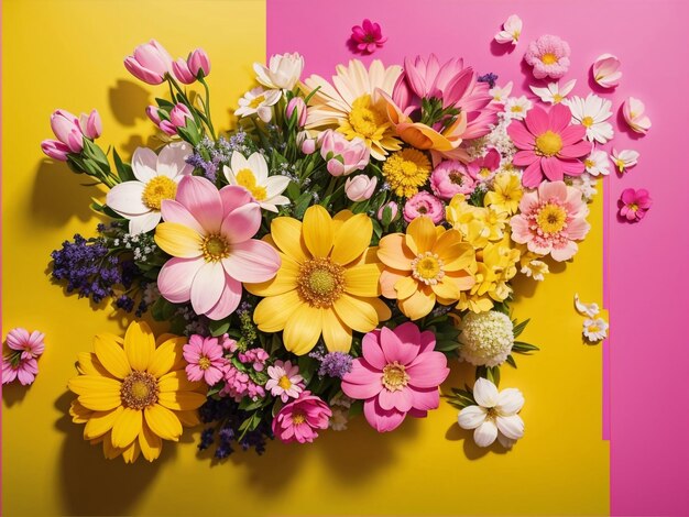 Foto flores de primavera flores cor-de-rosa composição em fundo amarelo