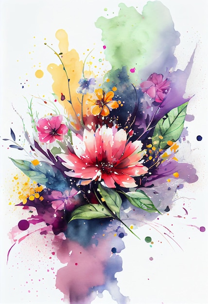 Flores de primavera florescendo em aquarela com fundo de respingo