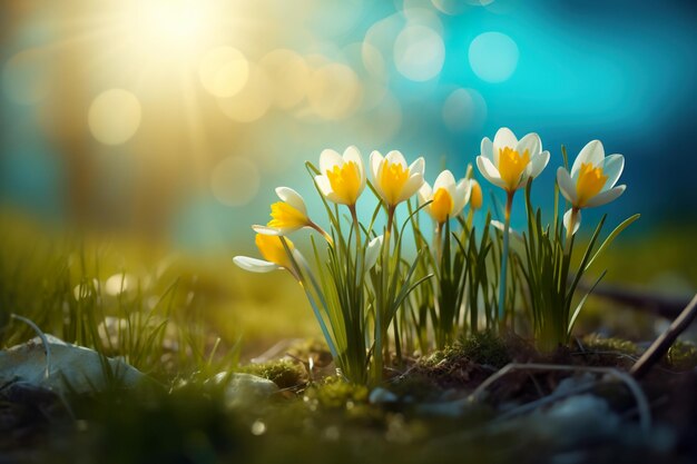 flores de primavera na grama sob o sol