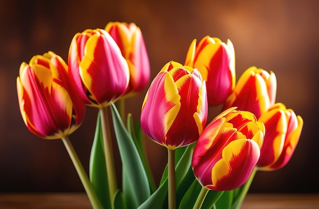 Flores de primavera tulipas bandeira espaço de cópia em mesa de fundo de madeira rosa vermelho amarelo buquê deitado