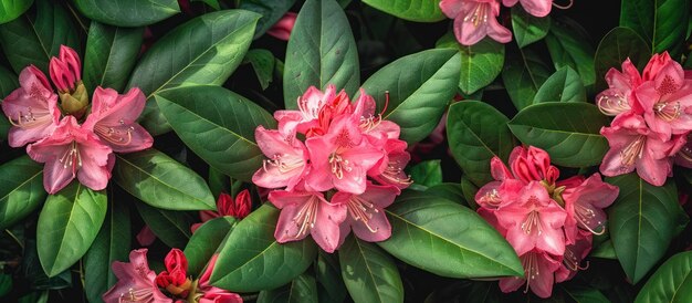 Foto flores de rododendro rosa brilhante com folhas verdes