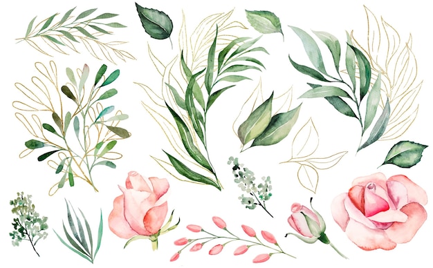 Flores de rosas aquarela rosa e jardim verde e dourado deixa elementos de ilustração de casamento