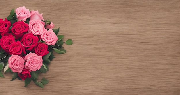Flores de rosas cor de rosa e vermelhas na mesa de madeira rústica para saudação no Dia da Mãe ou Mulher São Valentim Generative AI ilustrações