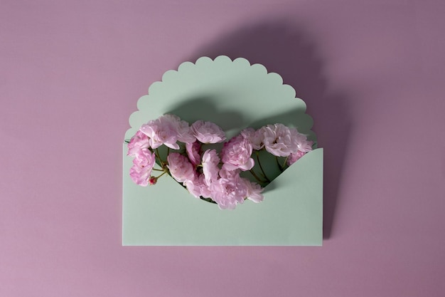 Flores de rosas cor de rosa em um envelope verde