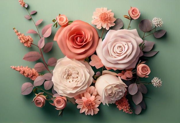 Flores de rosas da primavera em fundo pastel verde vista superior em estilo flat lay Saudação para o Dia das Mães