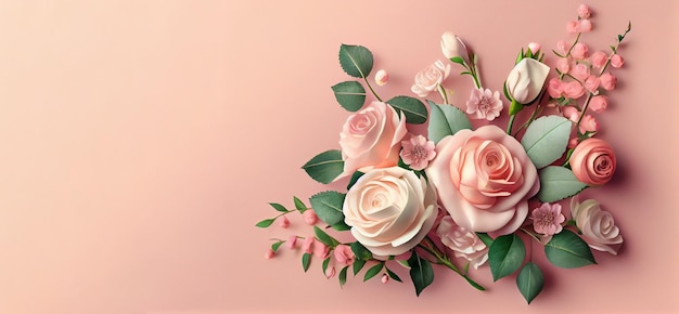Flores de rosas da primavera em fundo rosa pastel vista superior em estilo plano leigo Saudando o Dia das Mães