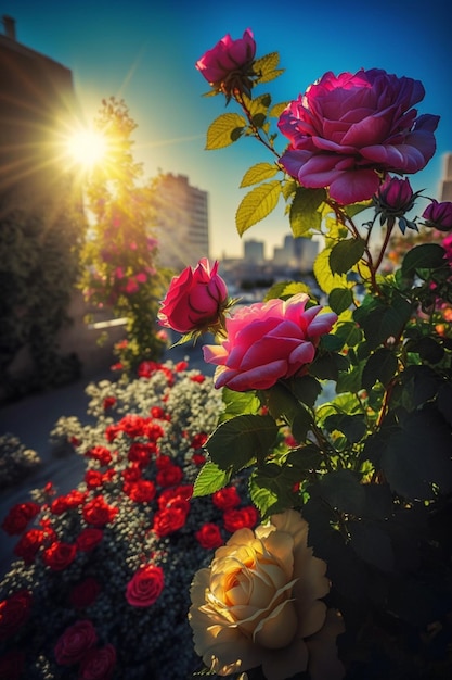 Flores de rosas na cidade a com o sol brilhando através de ai generativo