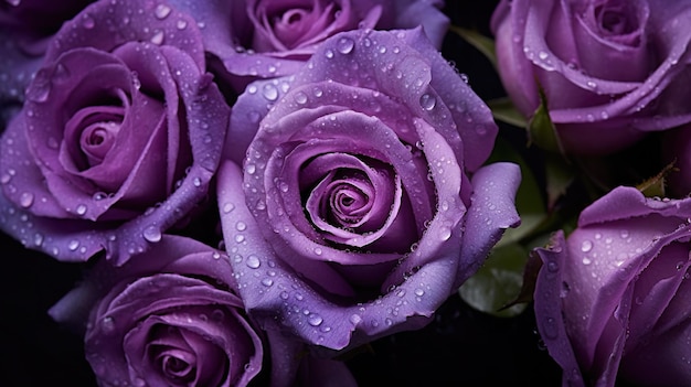 Flores de rosas roxas com fundo de gotas Closeup de flor com gotas brilhantes IA generativa