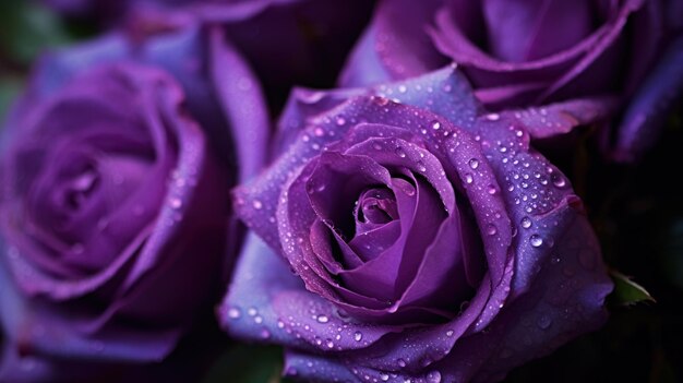 Flores de rosas roxas com fundo de gotas Closeup de flor com gotas brilhantes IA generativa