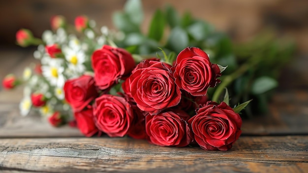 Flores de rosas vermelhas em fundo de madeira velha com lugar para texto conceito romântico de feriados de são valentim