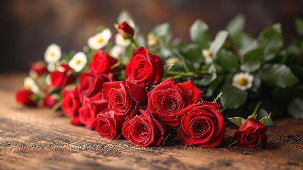 Flores de rosas vermelhas em fundo de madeira velha com lugar para texto conceito romântico de feriados de São Valentim