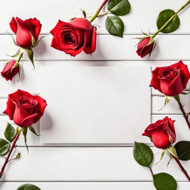 Flores de rosas vermelhas sobre fundo de madeira branca Cartão de saudação romântico para o Dia dos Namorados