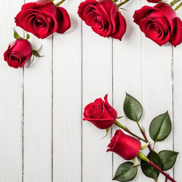 Flores de rosas vermelhas sobre fundo de madeira branca Cartão de saudação romântico para o Dia dos Namorados