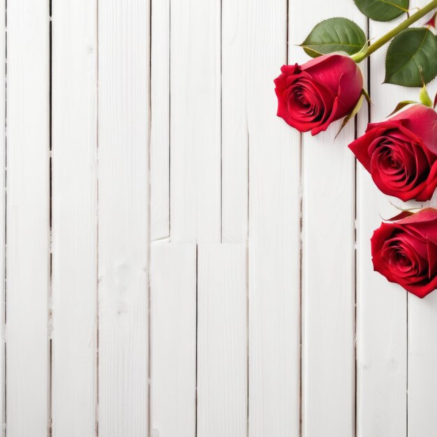 Flores de rosas vermelhas sobre fundo de madeira branca Cartão de saudação romântico para o Dia dos Namorados