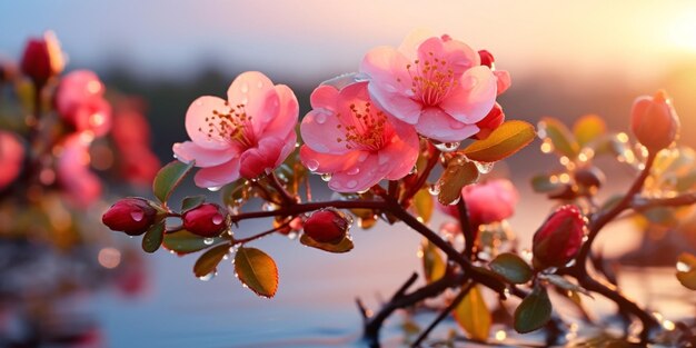 flores de roseira em galhos com gotas de orvalho ao nascer do sol na praia